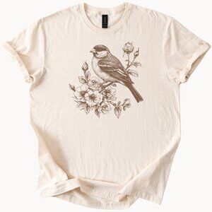 Bird and Floral Sketch Tee Sparrow Graphic T-shirt Nature Shirt